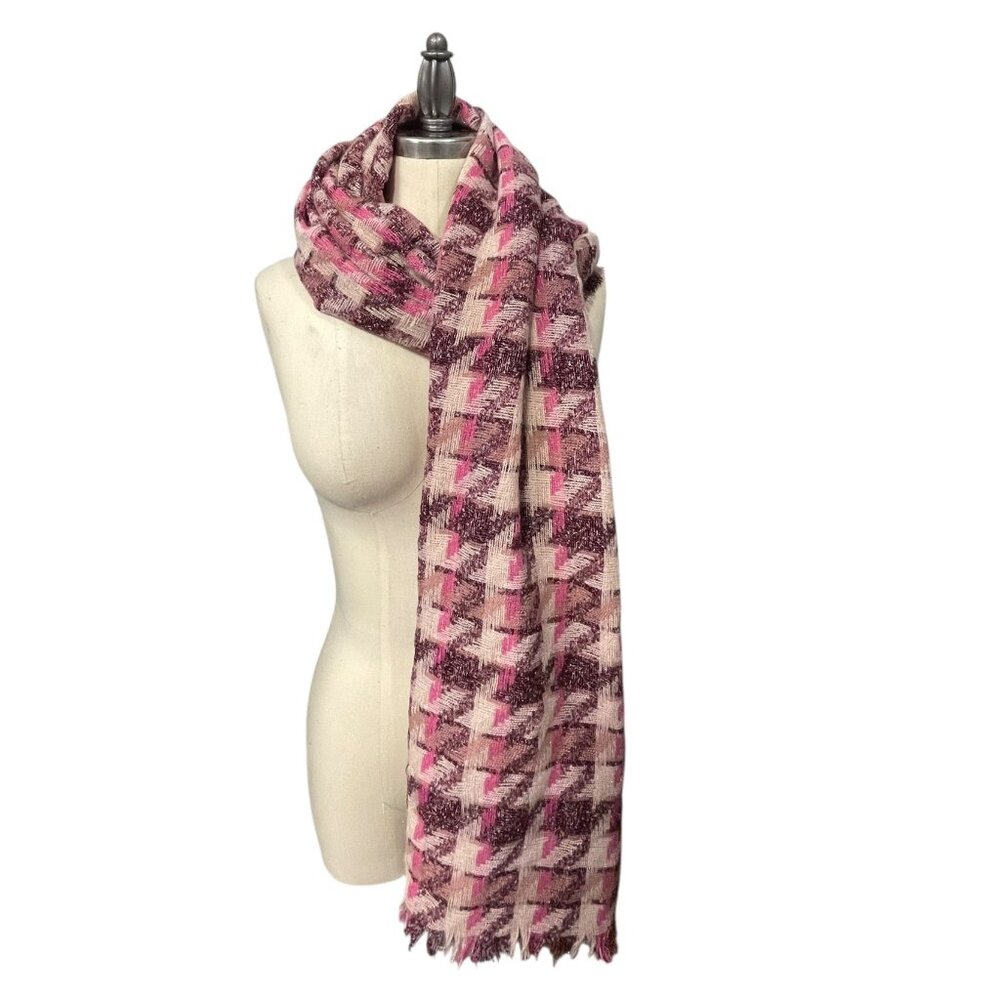 Vince Camuto Pink Burgundy Cream Metallic Houndstooth Fringed Scarf Wrap